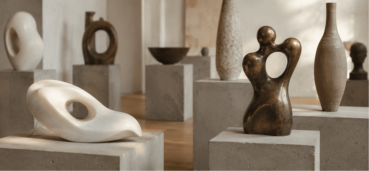 Bronze sculptures displayed in a softly lit gallery