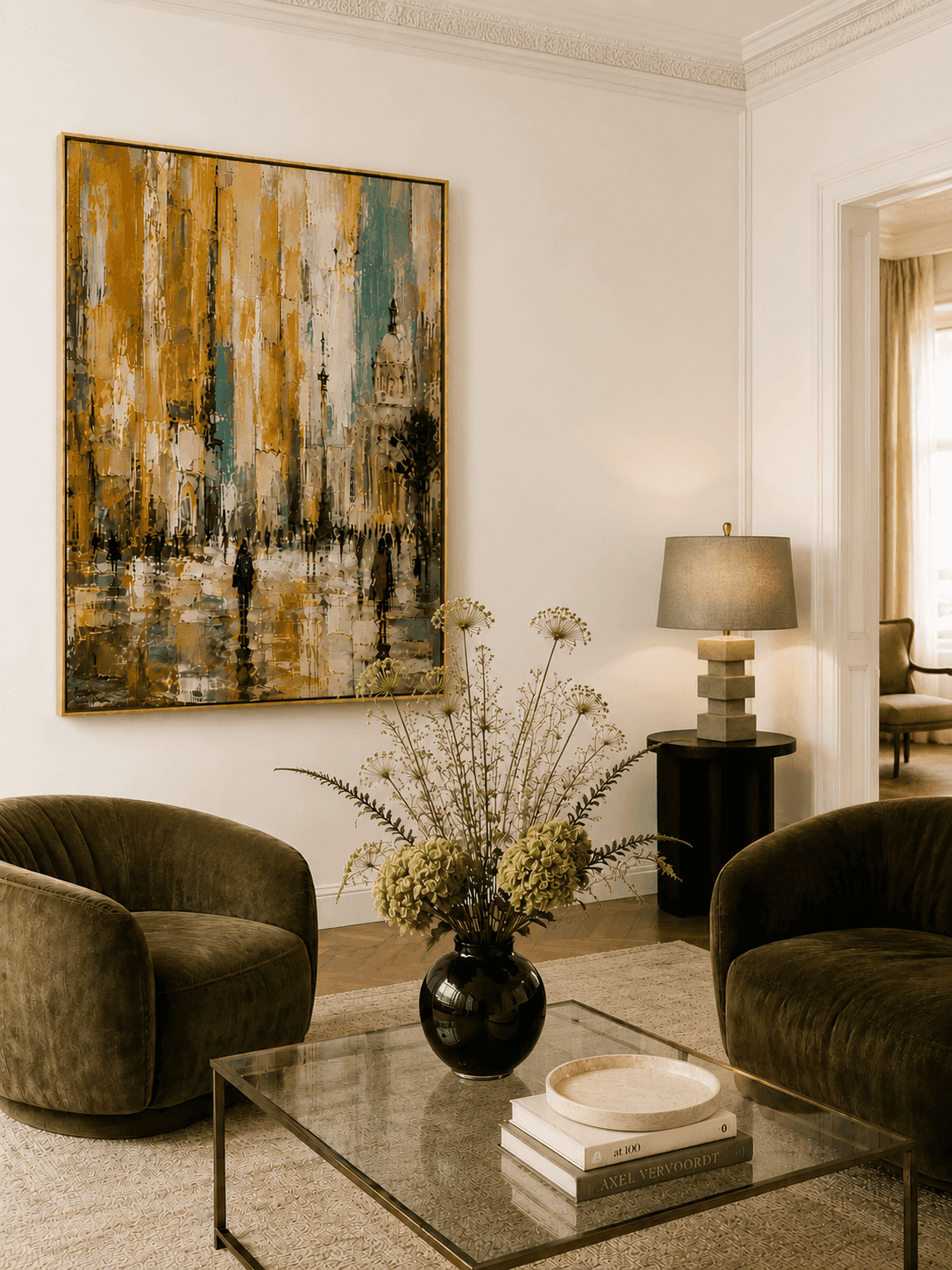 A warm gallery living room styled with original art and sculptural objects