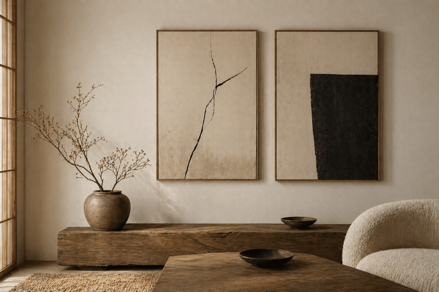 Sunlit gallery interior with large abstract artworks